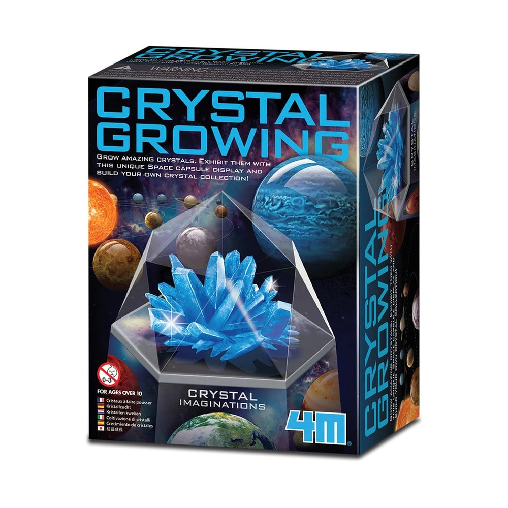 4M Crystal Growing Blue Edition toy playset in glossy cardboard packaging with clear plastic window and blue-white design.
