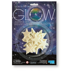 Glow Stars baby activity toy packaging features a starry night background with white glow-in-the-dark stars and usage instruc