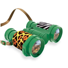 Green binoculars with clear lenses, black eyepieces, and a brown fabric strap featuring a buckle and loop.