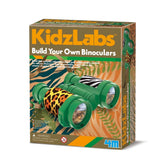 KidzLabs Build Your Own Binoculars kit in green cardboard packaging featuring plastic lenses, handle, and straps for ages 4M+