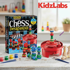 KidzLabs Gamemaker Chess Designer Kit featuring a colorful chess set and board with various plastic and cardboard components.