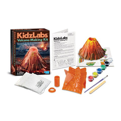 KidzLabs Volcano Making Kit packaging features a glossy white box with orange and black text and includes a colorful plastic