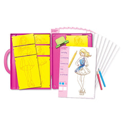 KidzMaker My Design Portfolio features a pink case with yellow paper inside, showcasing a girl in a blue dress holding a yell