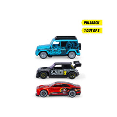 Dickie Auto Pullback Racer set features three glossy plastic vehicles in blue, black, and red with metallic wheels and detail