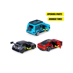 Dickie Auto Pullback Racer set featuring three glossy plastic cars in black, blue, and red with detailed components and windo