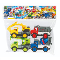 Maxi Friction Trucks Set features colorful toy construction vehicles including a crane, truck, and car in a clear plastic pac