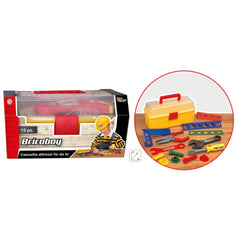 Bricoboy toolbox set features 15 colorful construction tools and components in a red and black case on a wooden surface.