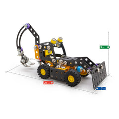 Colorful toy construction vehicle with metal and plastic parts, featuring wheels, a shovel, and a crane arm, dimensions shown.