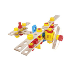 Wooden airplane constructed with natural planks, colorful red and yellow plastic connectors, designed for children.