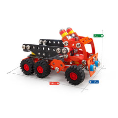 Orange and black construction toy truck with six wheels, metal plates, and plastic parts, measuring 14cm by 7cm.