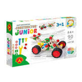 Colorful Alexander Constructor Junior 3-in-1 buggy set with wooden planks, plastic screws, and wheels on packaging.