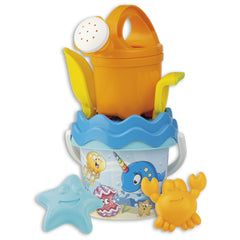 Colorful beach play set with orange watering can, blue wave-patterned bucket, starfish, and crab toys featuring playful sea designs.