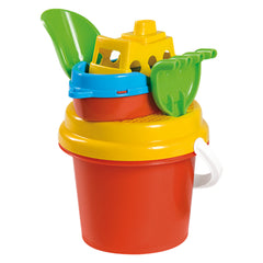 Androni beach set with red bucket, yellow lid, blue boat, green spade, and rake stacked together.