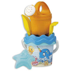 Colorful beach toy set with an orange watering can, blue bucket with ocean theme, yellow shovel, and blue starfish mold.