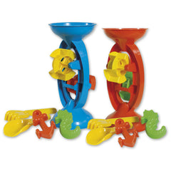 Colorful sand mills in blue and orange with yellow paddles, accompanied by shovel, rake, anchor, and seahorse molds.