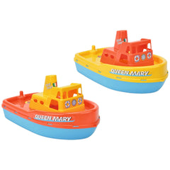 Colorful Androni Queen Mary floating boats with red, yellow, and blue design featuring "Queen Mary" text and lifebuoy decals.