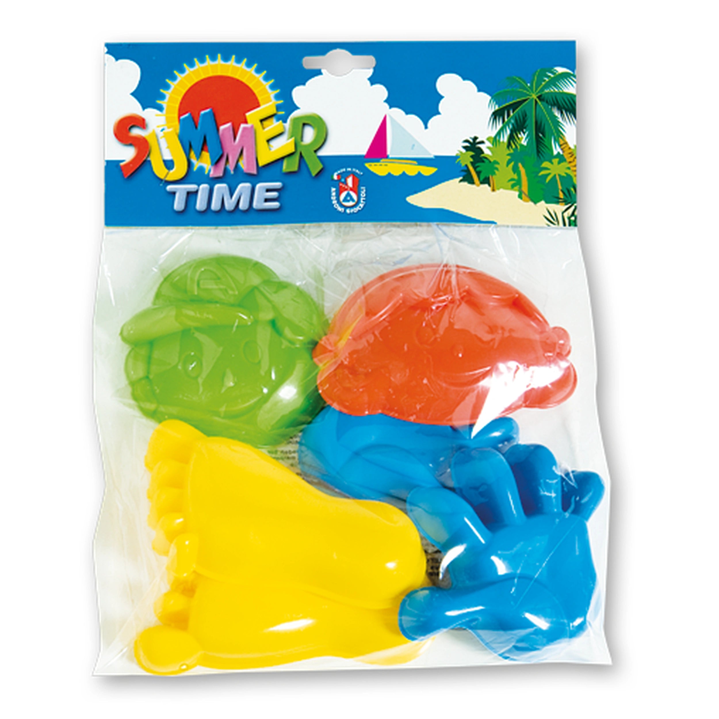 Colorful Androni sand molds in hand, foot, and face shapes packaged under a "Summer Time" label with beach graphics.