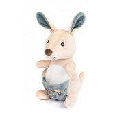Soft plush kangaroo rattle with a friendly face, blue ears, and a small pouch, promoting sensory development for infants.