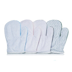 Pastel-colored thermal anti-colic gloves for babies in blue, pink, and green with polka dot patterns.