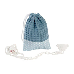 Blue storage bag with star pattern and white pacifier with bear-shaped clip, featuring the ASI logo in pink.