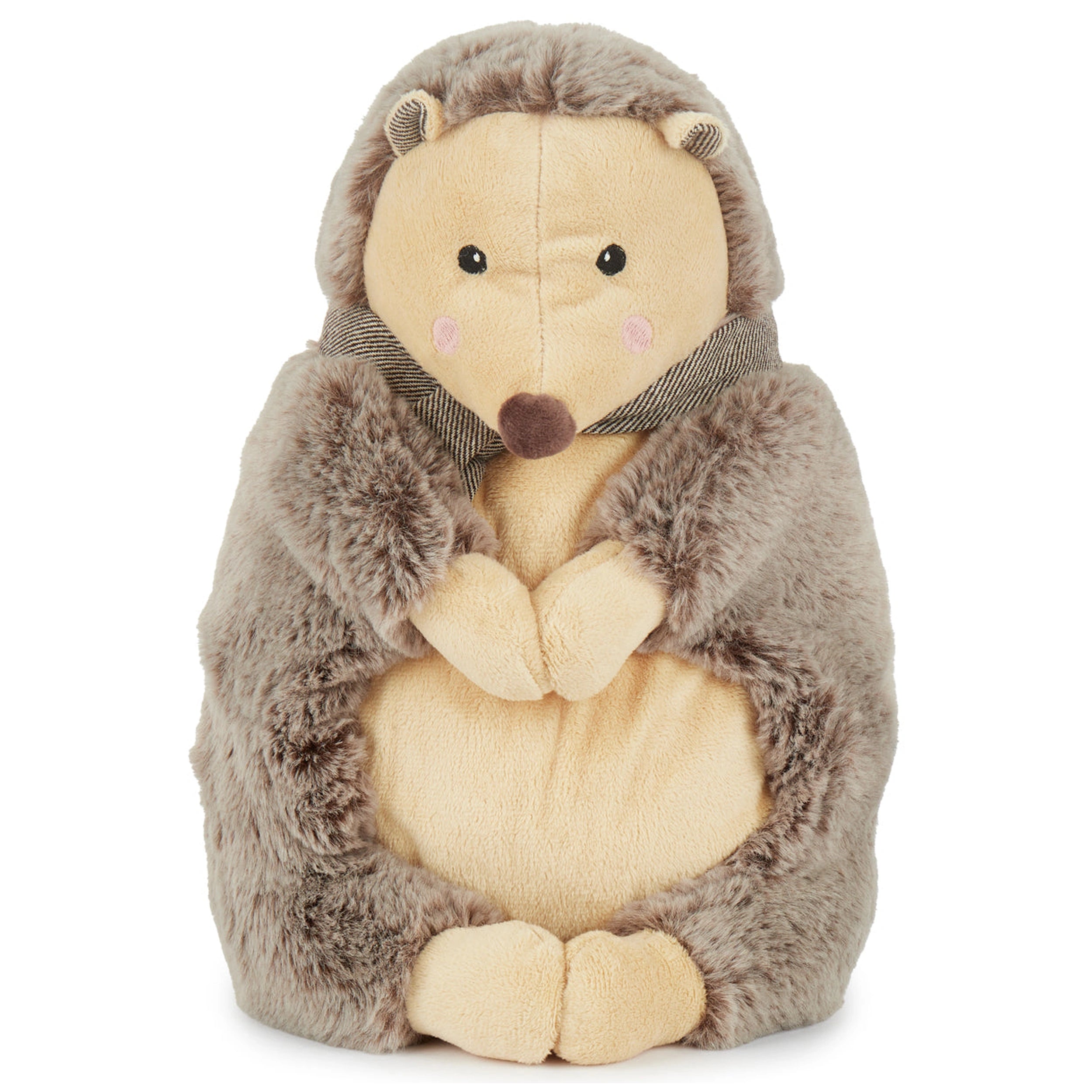 Piksi the Hedgehog, a soft stuffed animal with a cream belly and gray, fuzzy exterior, holds its paws together. It features a cute face with black eyes and a small brown nose, topped with a simple striped collar, inviting cuddles and imaginative play.