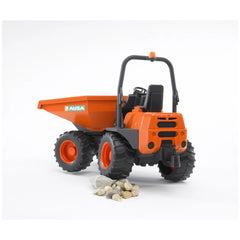 Orange Bruder AUSA Mini Dumper with rotating tipping trough, realistic details, rocks in front, on white background.