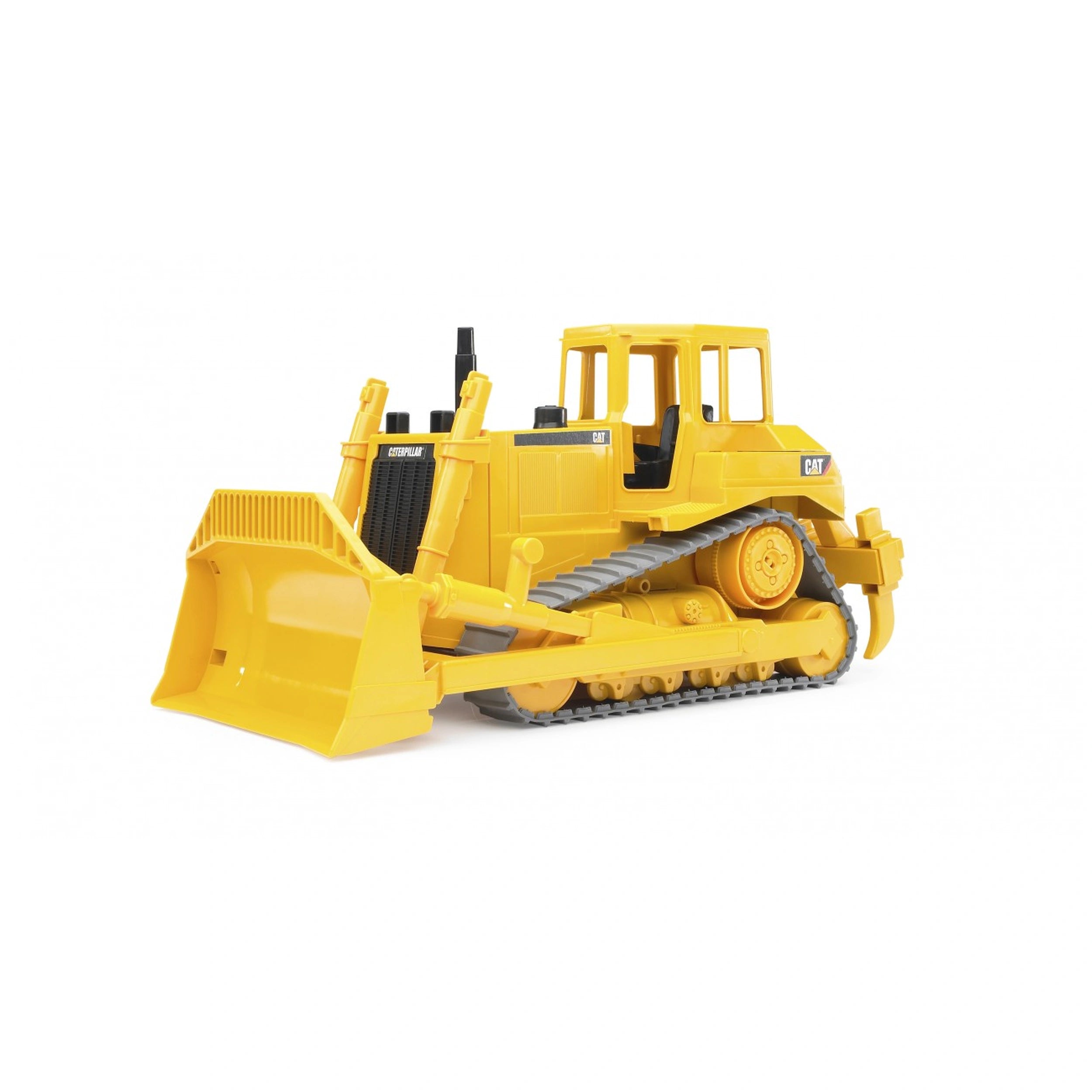 Yellow Bruder CAT Bulldozer toy with adjustable blades and rubber tracks, viewed from the side.