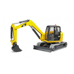 Yellow Bruder Cat Mini Excavator toy with tracked chassis, realistic arm, black bucket, and detailed cab for imaginative play.