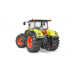 Claas Axion 950 toy tractor with lime green body, large black and orange wheels, and transparent cab viewed from rear angle.