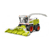 Bruder Claas Jaguar 900 Field Chopper toy, green and white with orange wheels, featuring a realistic corn header.