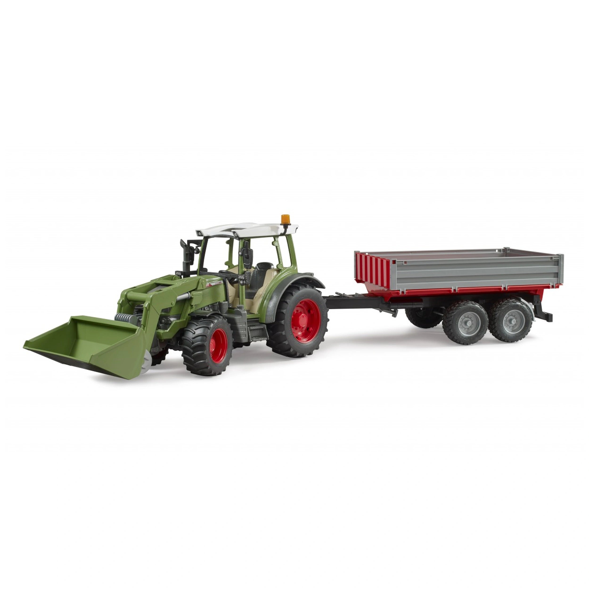 Green and red toy Fendt tractor with frontloader and gray-red tipping trailer attached.