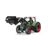 Green toy tractor with red wheels and black front loader, showcasing detailed cabin and off-road tires, Brudert Fendt 936 Vario.