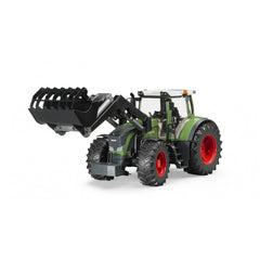 Green toy tractor with red wheels and black front loader, showcasing detailed cabin and off-road tires, Brudert Fendt 936 Vario.