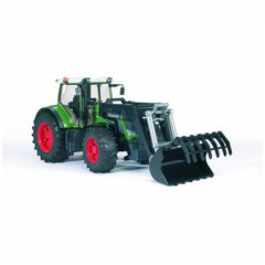 Green tractor with a black front loader and red wheels, part of Bruder's Premium-Pro series.
