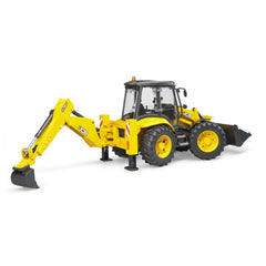 Bruder JCB 5CX eco Backhoe Loader toy with yellow, realistic design, showcasing front and rear buckets on white background.