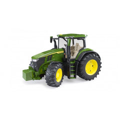 Green and yellow Bruder John Deere 7R 350 toy tractor with black tires and realistic design details.