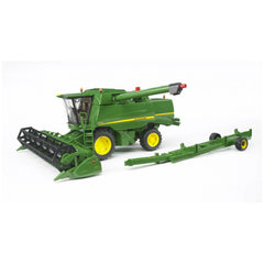 Bruder John Deere Combine Harvester T670I toy in green with yellow details, showing realistic features and detachable header.