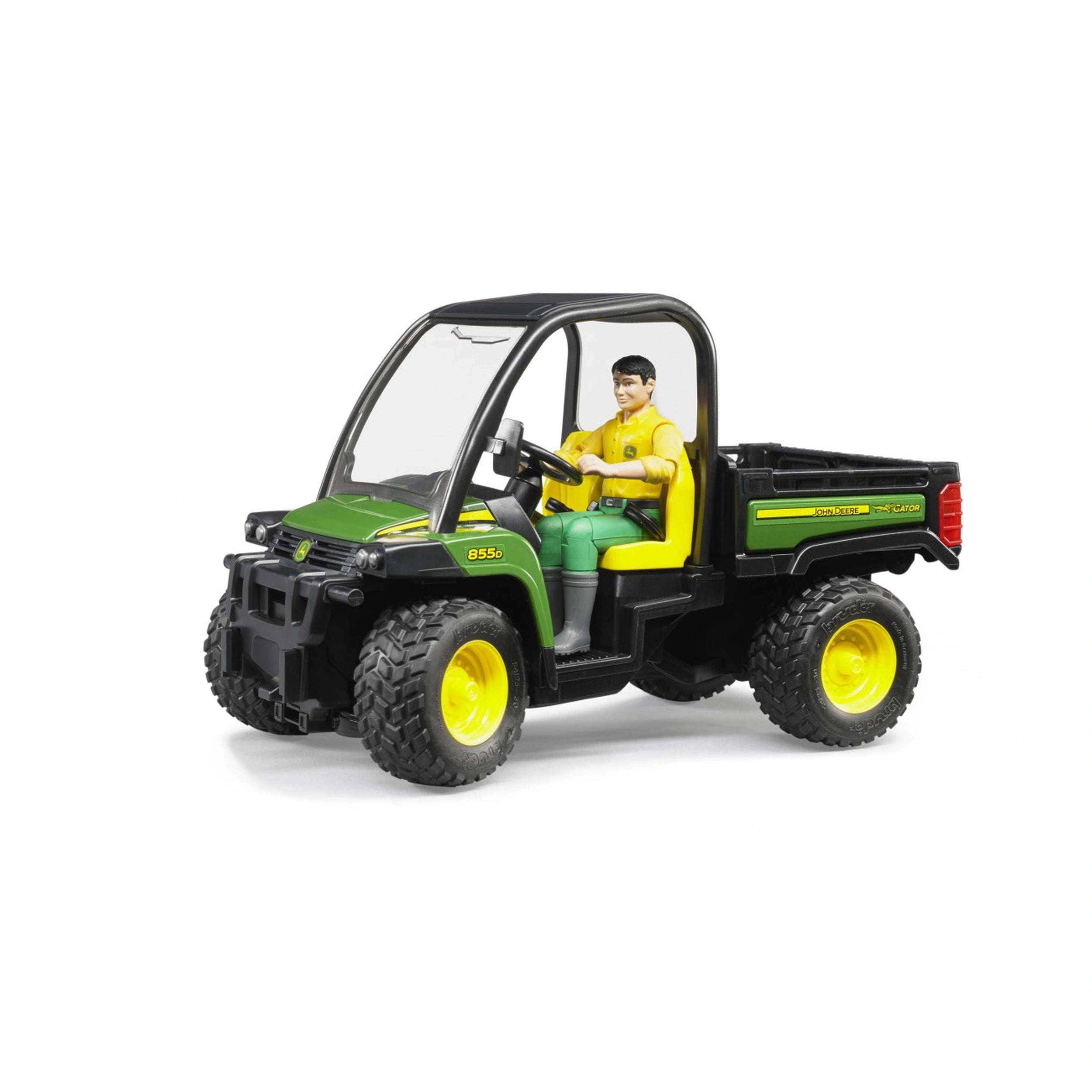 Toy John Deere Gator XUV 855D with driver, green and yellow, detailed design, collectible play vehicle.