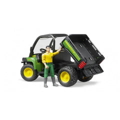 John Deere Gator XUV 855D toy with driver, green and black with yellow wheels, bed lifted, for Bruder play vehicle.