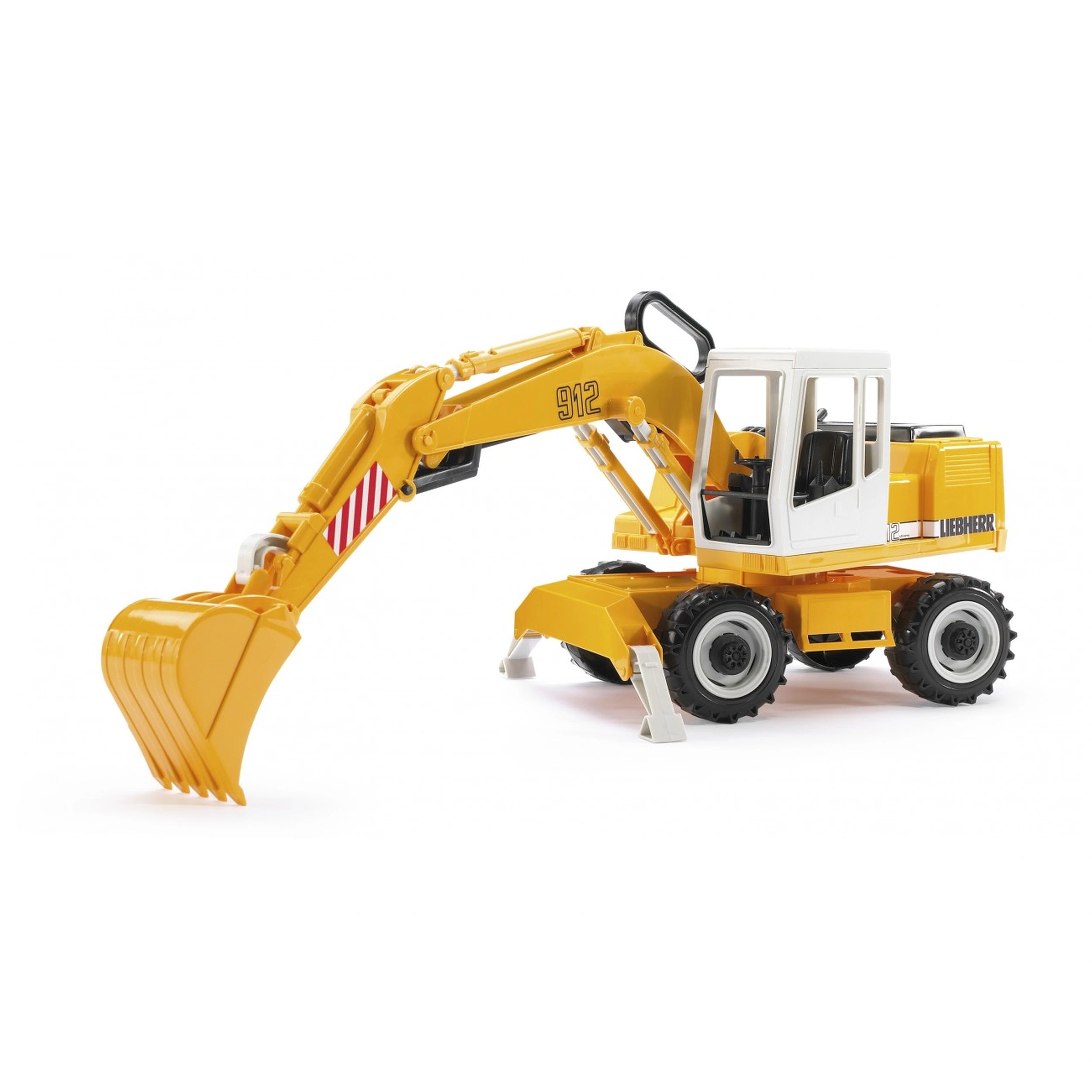 Yellow Bruder Liebherr toy excavator with a movable shovel arm and rotating cab on a white background.