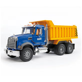 Blue Bruder MACK Granite tip-up truck toy with orange dump bed, chrome details, and foldable mirrors.