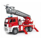 Red and white toy fire engine with extendable gray ladder and blue lights on cab.