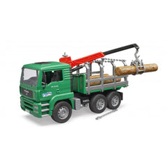 Green Bruder MAN Timber Truck with red loading crane lifting a log, featuring realistic details and rubber tires.