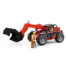 Red Manitou telescopic loader toy with large black scoop, accompanied by a construction figure in orange and yellow gear.