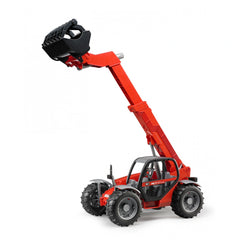 Red Bruder Manitou Telescopic Loader MLT 633 toy with extended arm and black scoop, on white background.
