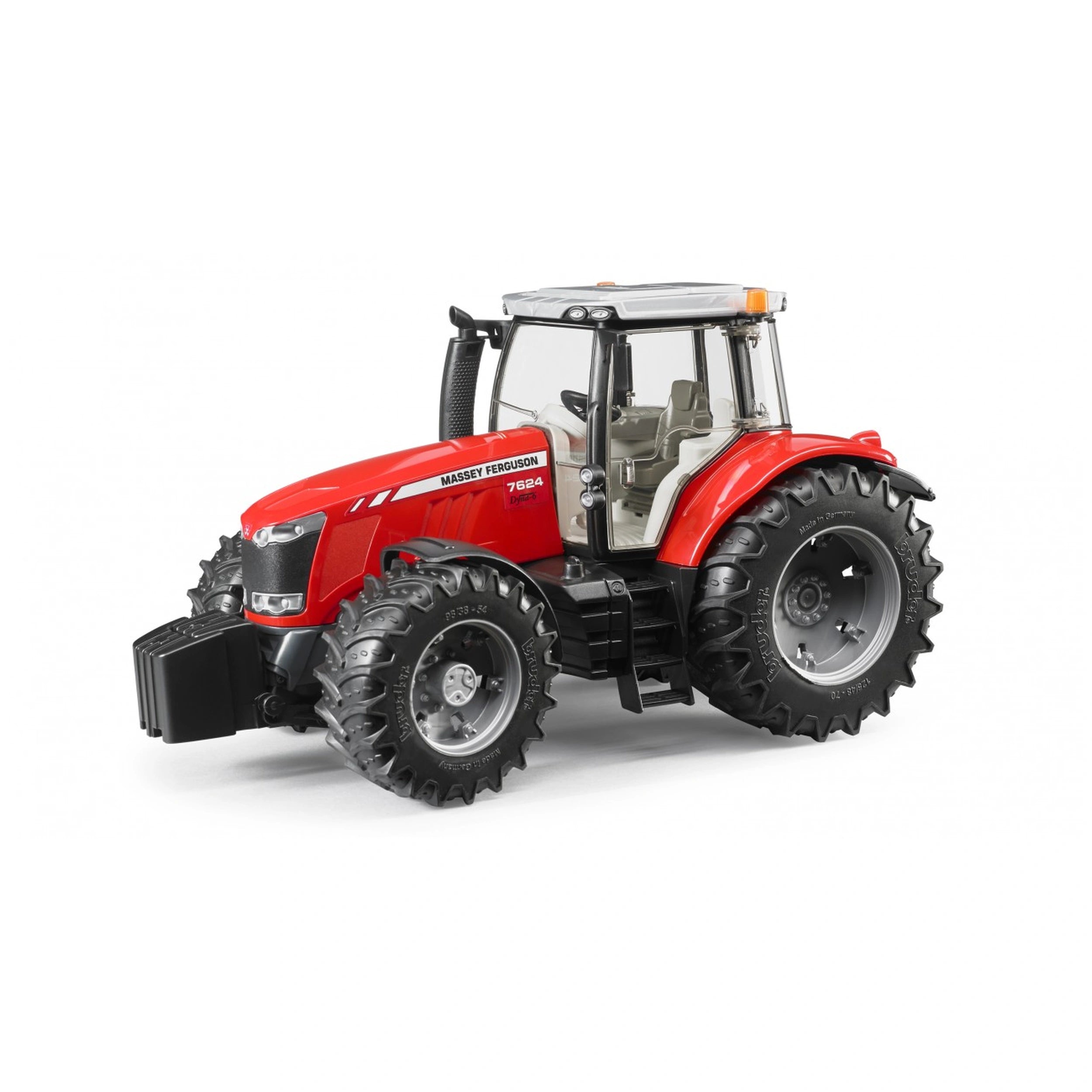 Red Massey Ferguson 7624 toy tractor with rubber tread tires and glass cabin from BRUDER’s Professional Series.