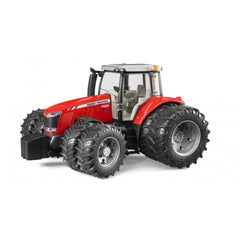 Red toy tractor, Massey Ferguson 7624 model, with detailed cabin and large black treaded tires.