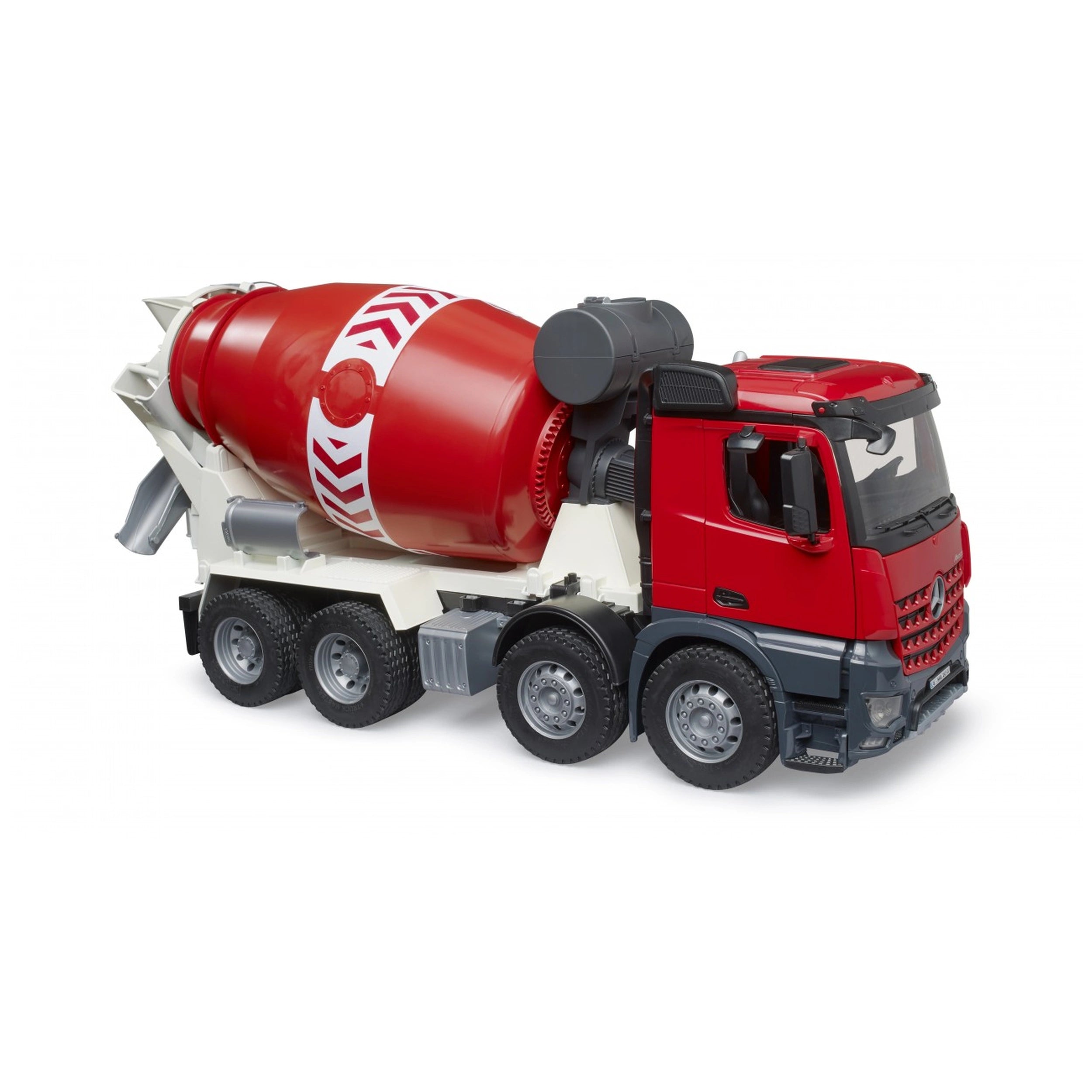 Red and white Bruder MB Arocs cement mixer toy truck with detailed cab and rotating drum on a white background.