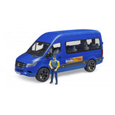 Blue Bruder MB Sprinter toy van with driver figure, featuring realistic details and flexible seating arrangements.