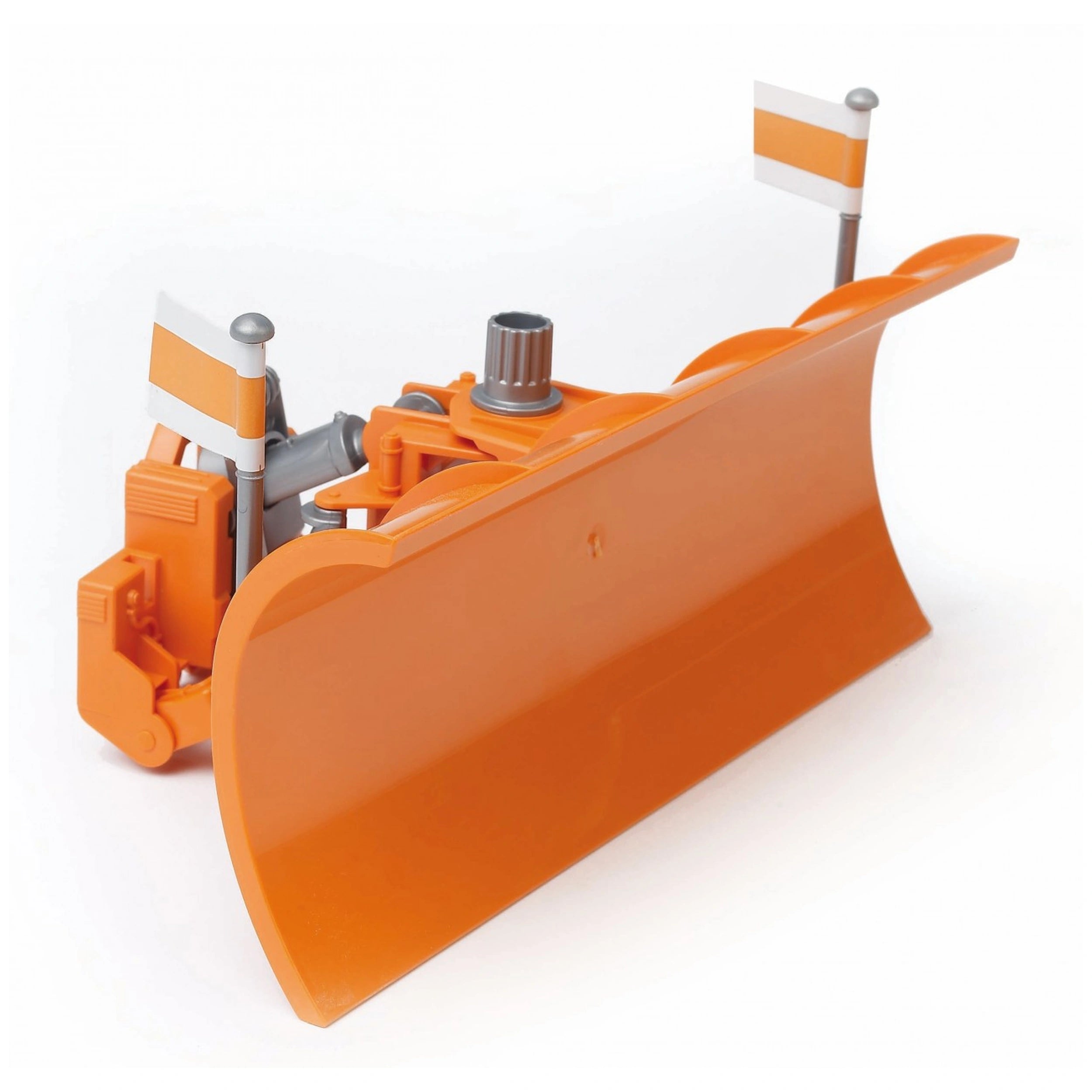 Orange Bruder plow blade with adjustable angle for MACK, SCANIA, and MAN toy trucks, featuring flags and height control.